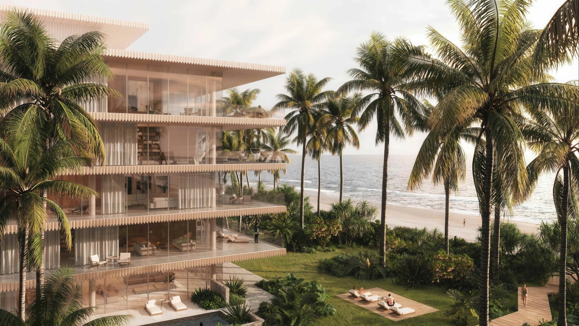 Building facades with beach and ocean